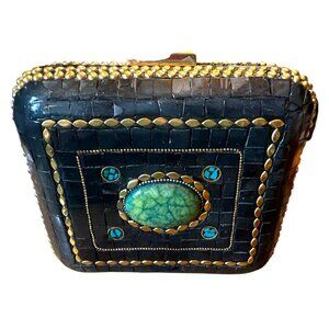 Handmade Moroccan Ramla Jeweled Clutch With Green Gemstone & Gold Accents